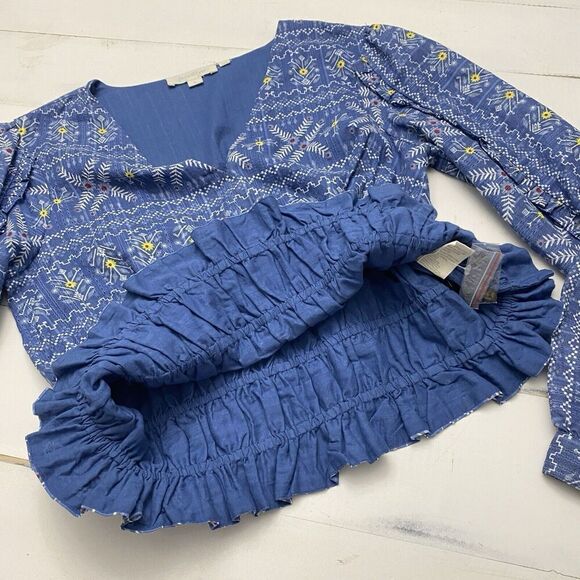 Anthropologie Forever That Girl  Smocked Blouse Cornflower Blue  Women's Medium - Picture 9 of 15